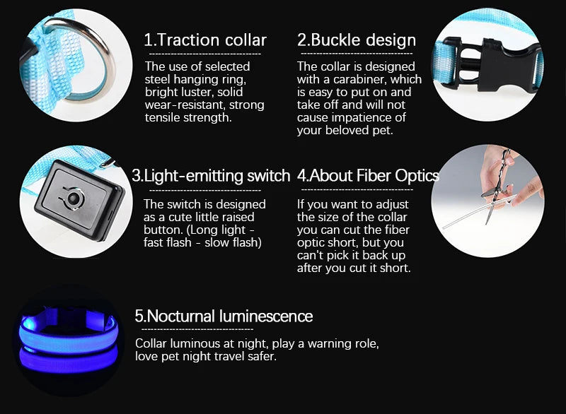 Nylon LED Night Safety Flashing Glow In The Dark Dog Leash Dogs Luminous Fluorescent Pet Dog Collar